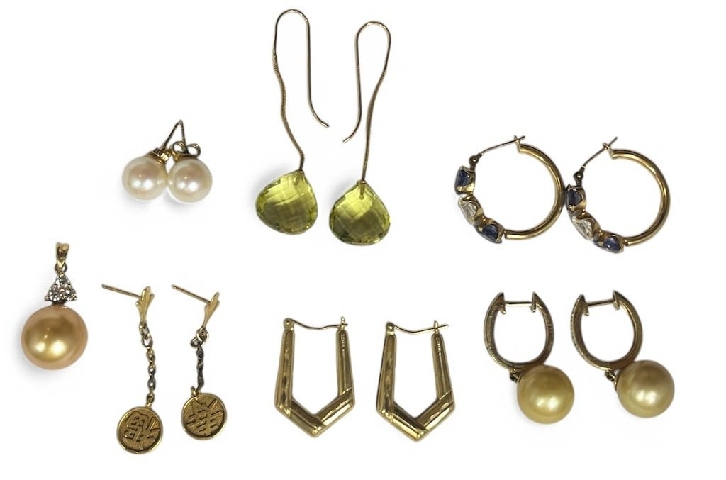 Collection of 14k Gold Pearl & Diamond Earrings, Pendant (1 of 10)