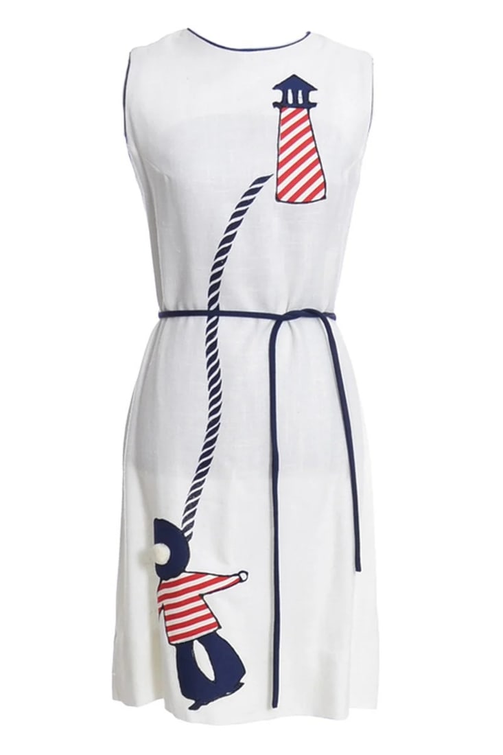 1960's Nautical Lighthouse Dress by LISA LINN: Measures 36" at the bust, 34" at the waist, and 37" total length.
