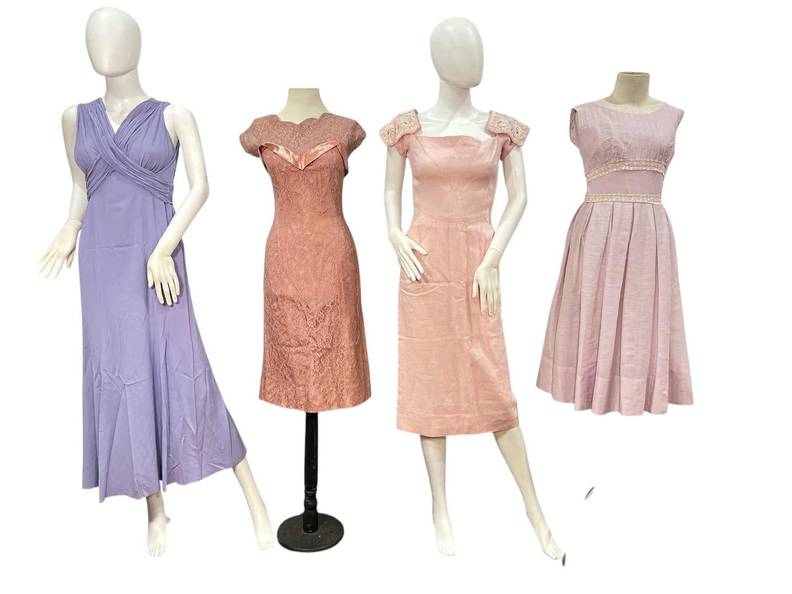 Collection 1960s-80s Evening Dresses: Purple Dress measures 49" total length, 24" bust, 22" waist. Pink lace dress labeled STYLE BY JOMAX, measures 41" total length, 30" bust, 26" waist, 4" sleeve length. Pink off shoulder dress measures 