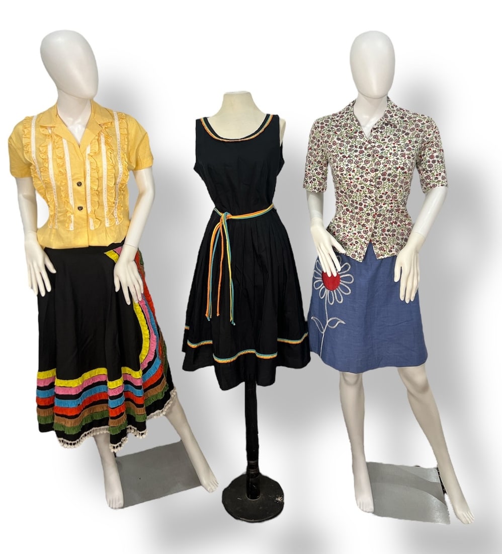 Vintage 1950s-60s Cotton Separates: Yellow plaid ARIZONA ORIGINAL 23" total length, 32" bust, 30" waist, 8" sleeve , FLORAL TOP 22" total length, sleeve length 10, 33" bust , Quantum Daisy skirt 19" L 26" waist , multi color ruffle skir