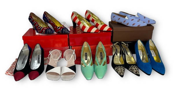 Collection Vintage COACH, ESCADA, ANDREA PFISTER, BRUNO MAGLI Shoes and Heels: Includes 1980's suede color block Andrea Pfister shoes size 7.5, 1980's red, blue, and gold leopard print size 6.5, black and white Escada open toe heels size 8.5, mint green leather Escada cutout sho