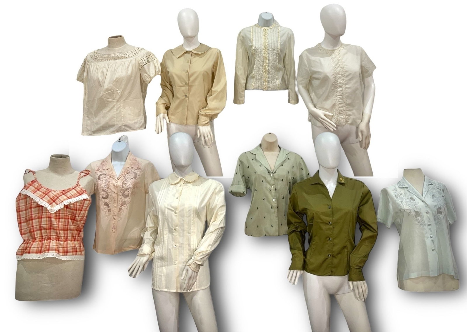 A Large Collection of Vintage Womens Blouses: Includes an assortment of styles and sizes ranging from modern day small to large. Please see photos for all included items.