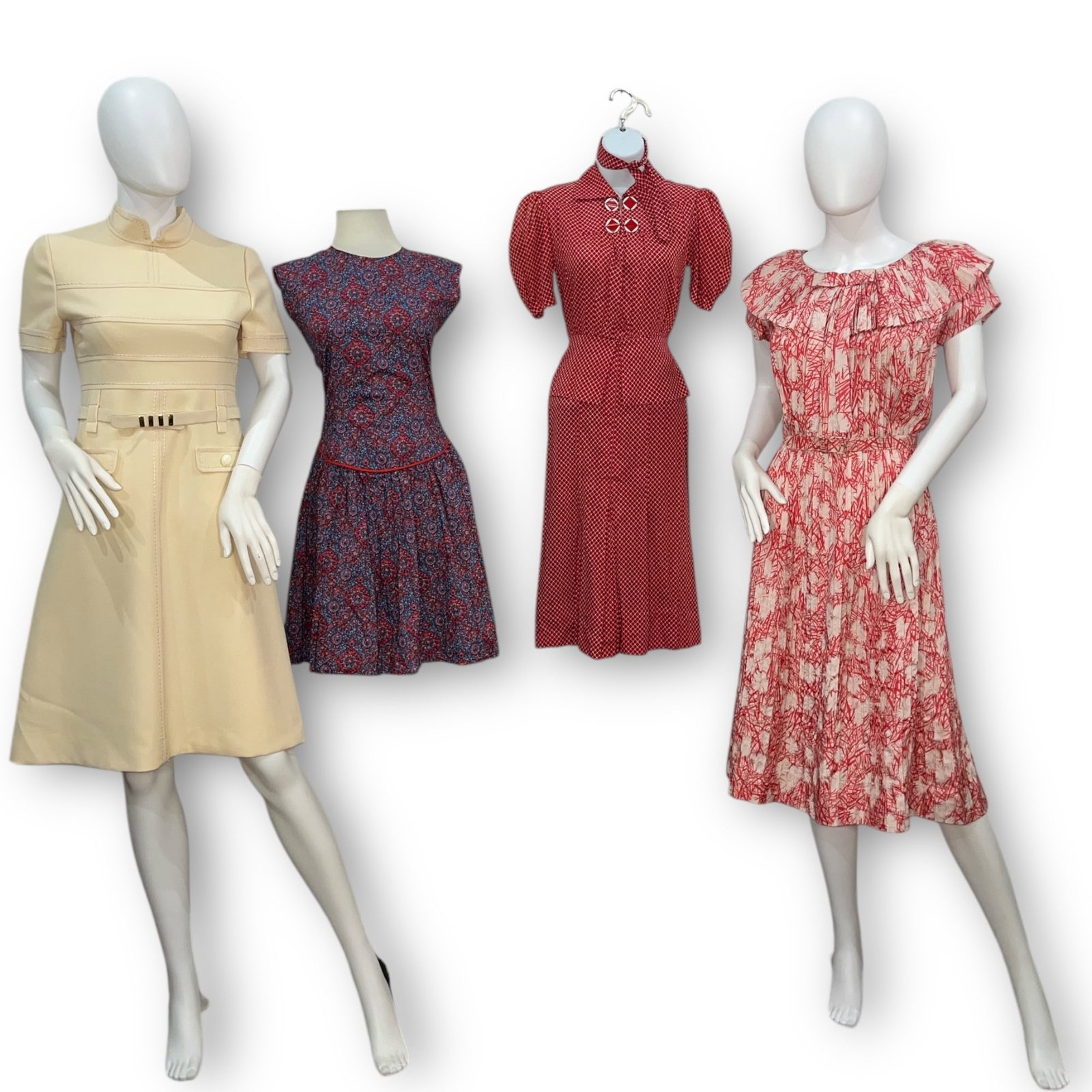 Vintage 1950's to 1970's A-Line and Floral Day Dresses: The Mary Helene cream dress measures 30" at the bust, 30" at the waist, 8" sleeve length, 37" total length, the cross back floral dress measures 30" at the bust, 28" at the waist, 33" total length. An
