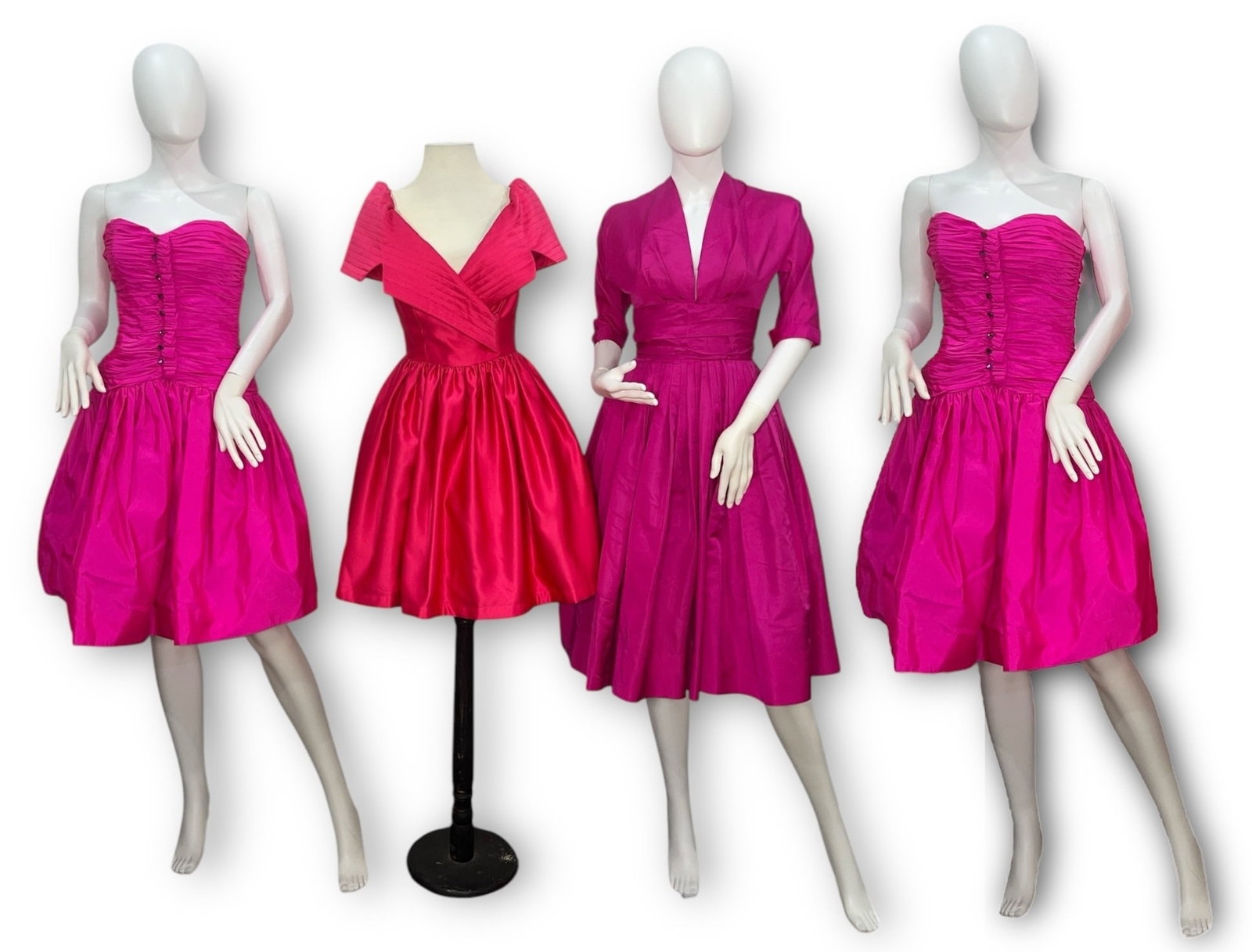 Four Vintage 1980s Magenta Pink Party Dresses: Includes two Victor Costa ruched and rhinestone dresses measuring 26" at the bust, 28" at the waist, 33" total length and 30" at the bust, 30" in the waist, 33" total length (tagged size 4). Tadashi f