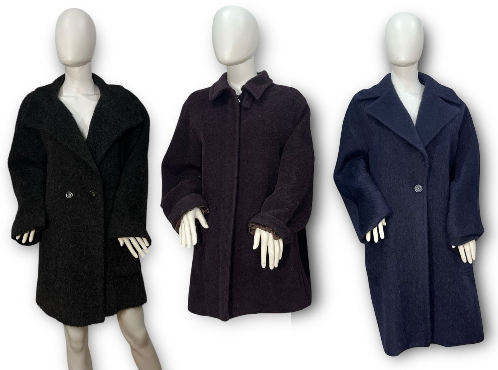 Three Wool & Alpaca Womens Coats, CALVIN KLEIN: Includes a Max Mara navy blue coat that is tagged size 8, a Calvin Klein black coat that is tagged size 12, and a Paul Stewart black Alpaca coat that is tagged size 10. Property of the Nancy Joyce Est