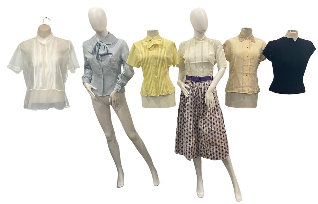 A Collection of Vintage 1970s Womens Blouses and Skirt: The light blue Alice Stewart blouse measures 38" at the bust, 30" at the waist, 23.5" sleeve length, 23" total length. The bright yellow A. Weber Original blouse measures 34" at the bust, 30" at the w