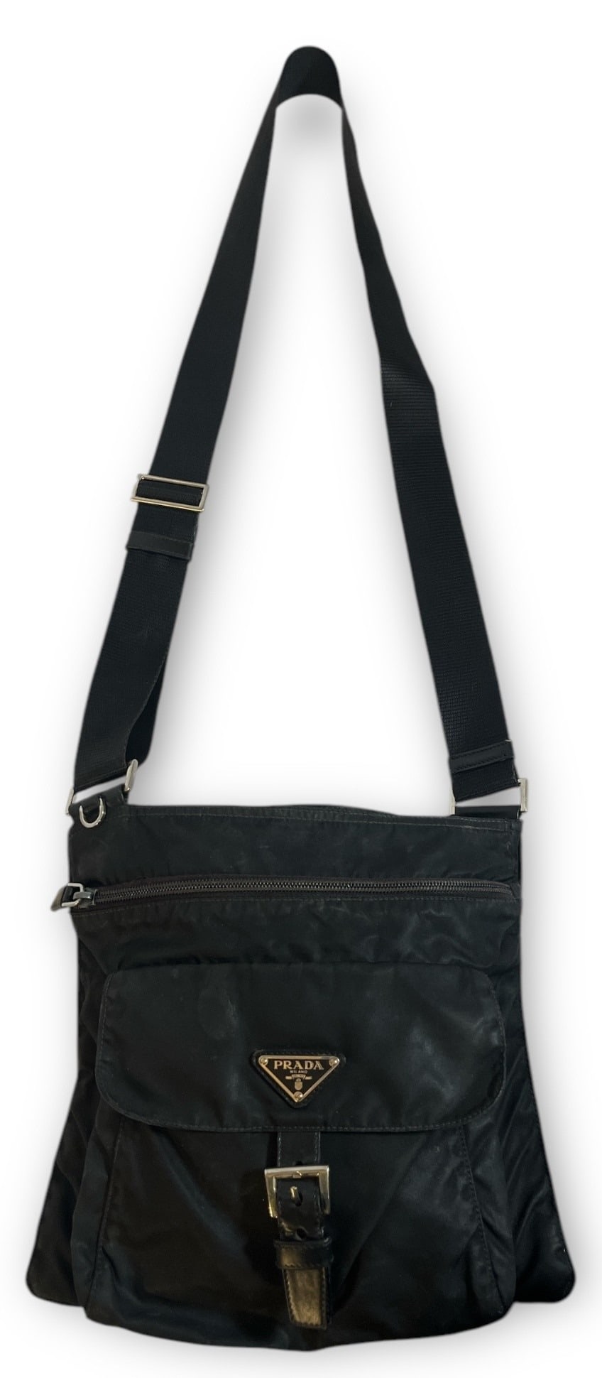 A PRADA Tessuto Crossbody Sling Purse: Approx 10" H x 10" W x 4" D, handle drop of 20" (adjustable). Property of the Nancy Joyce Estate, a benefit for Chicago's Lincoln Park Zoo.