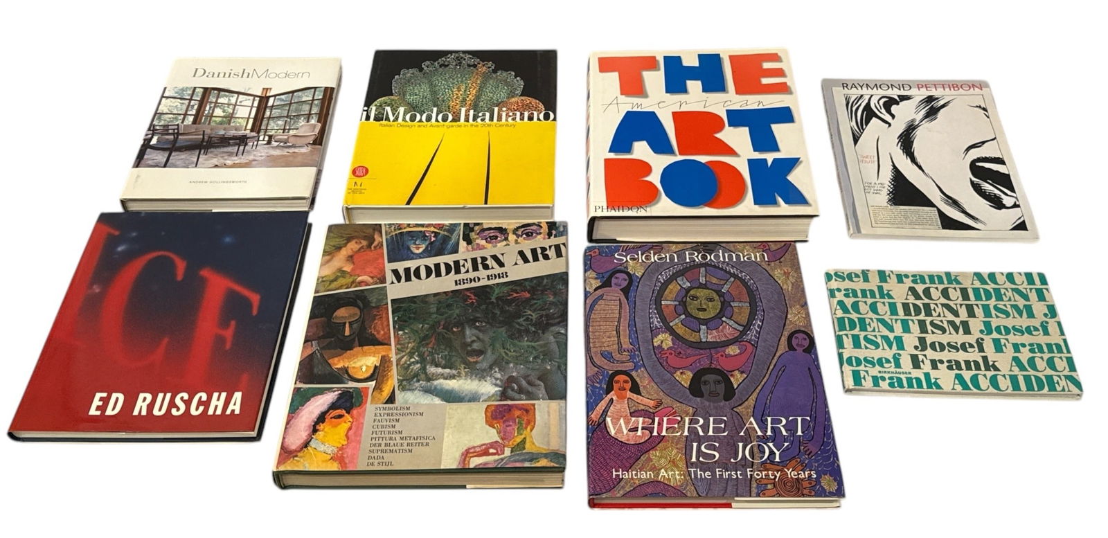 Collection Art & Design Books, JOSEF FRANK, RAYMOND PETTIBON, ED RUSCHA: Ed Ruscha "ICE", "Danish Modern" and "il Modo Italiano" are all 1st Editions. Raymond Pettibon "The Pages Which Contain Truth Are Blank" is the German version. Selden Rodman "Where Art is Joy" is a 2n