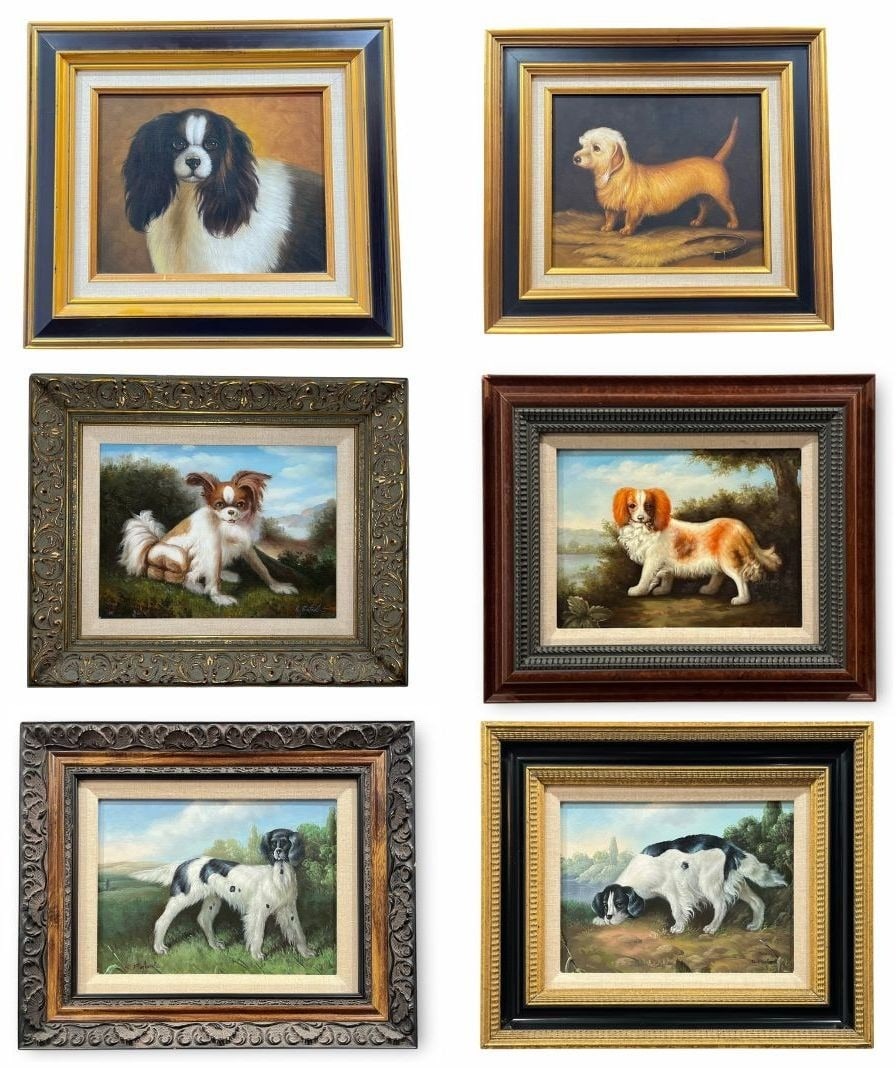 A Collection of Six English Dog Paintings: Includes 4 signed by artist K. Rafael, 2 are unsigned. The largest piece measures 14.75" x 17.5". ETHAN ALLEN