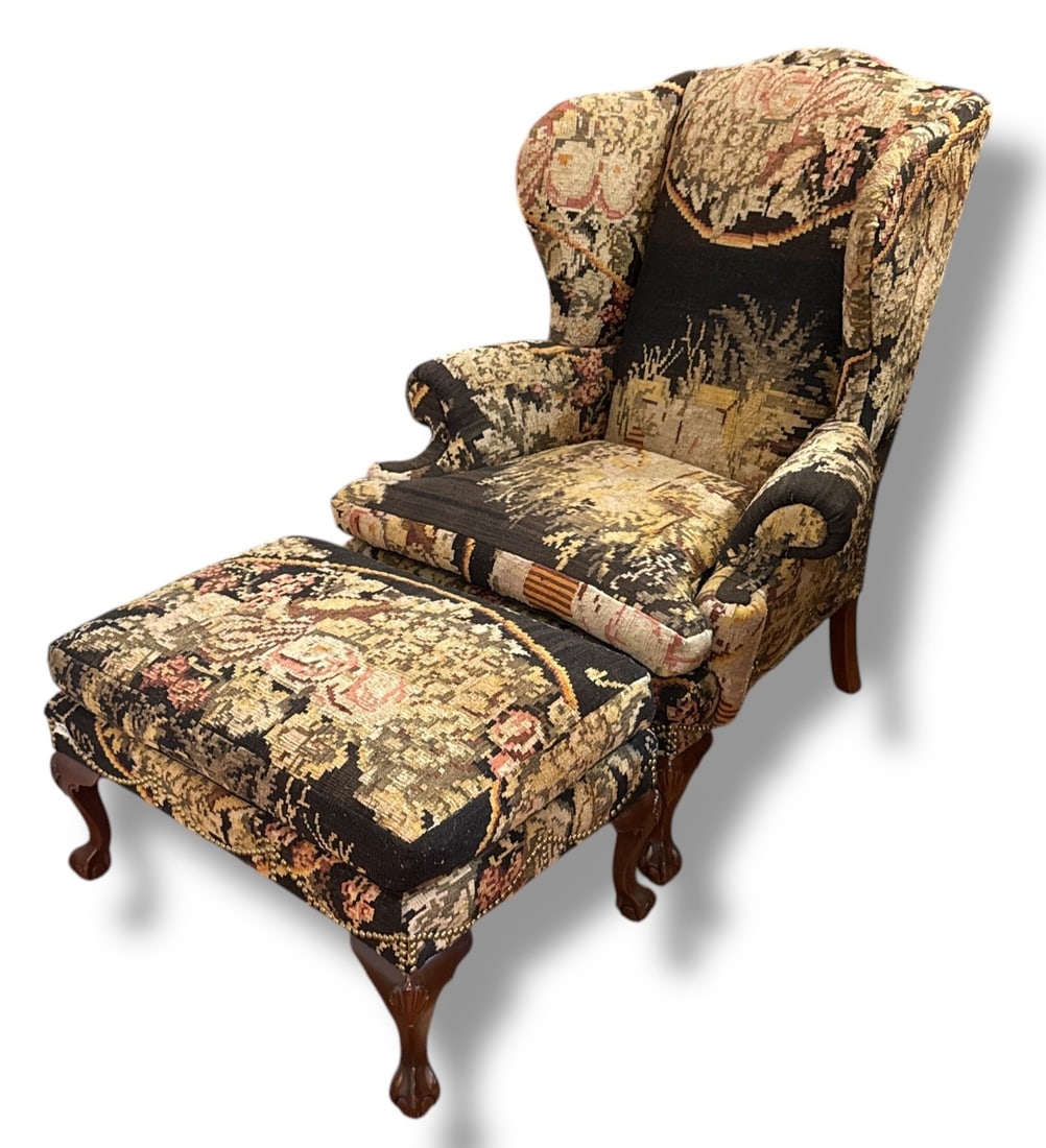 Antique Wingback Petit Point Wingback Chair: Chair: 46" H x 20" H to seat x 39" W x 36" D. Ottoman: 18" H x 31" W x 21" D.
