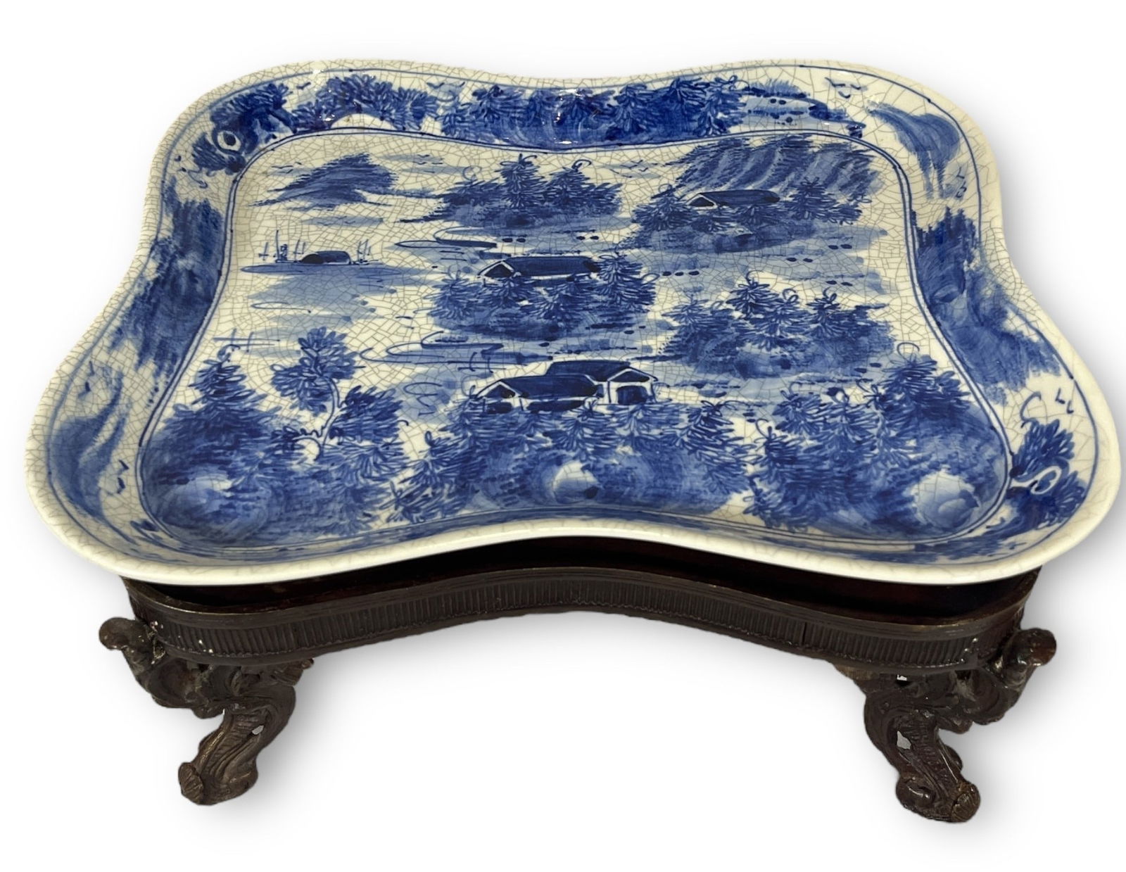 A MAITLAND SMITH Ironstone Blue Transferware Platter on Bronze Stand (1 of 4)
