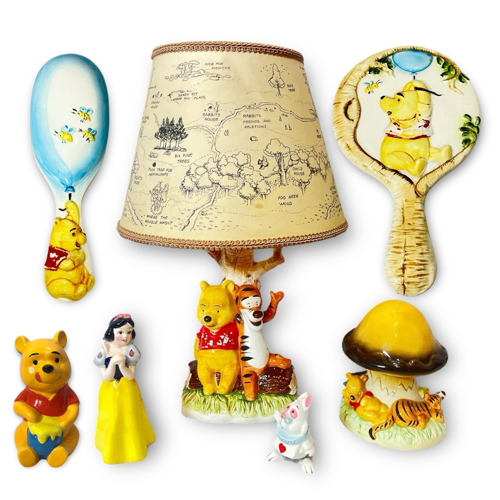 A Collection of Vintage WALT DISNEY Articles: The Winnie the Pooh lamp measures 16" H to top of shade, 6" W x 4" D at base, 10" shade DIA.