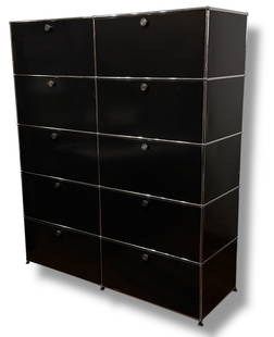 USM HALLER Storage Unit, 10 Compartments: USM Modular Furniture. Fritz Haller & Paul Schaerer. Circa late 20th C. Switzerland, black enameled sheet metal & chrome frame. 10 Compartments. Doesn't retain label. 70.5" H x 60" W x 20.5" D