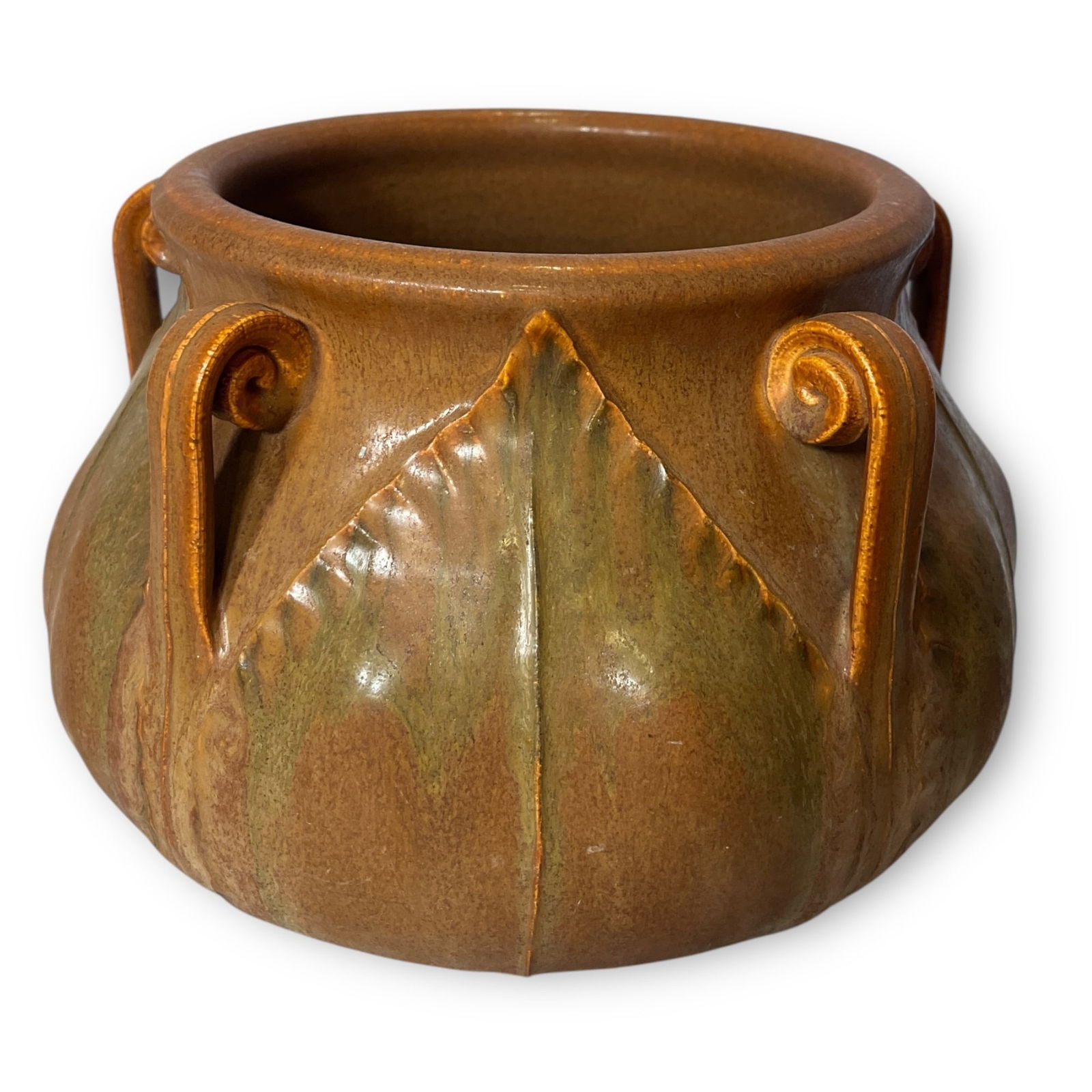 An EPHRAIM FAIENCE Large Fiddlehead Jardiniere by KEVIN HICKS: Measures 7" H x 11" overall DIA. Signed Kevin Hicks and stamped on the bottom.