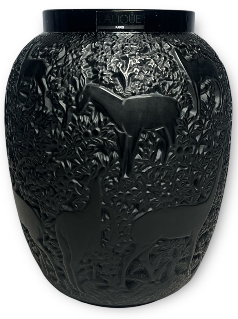 A LALIQUE France "Biches" Black Crystal Vase: Measures 7" H x 5" DIA. Marked on bottom and retains sticker on outer rim.