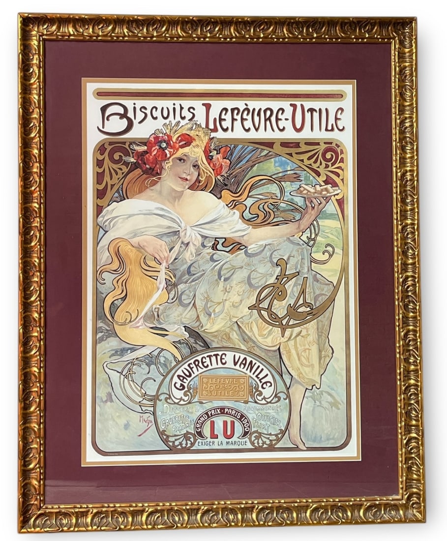 ALPHONSE MUCHA Advertising Poster "Biscuits Lefevre Utile, Wall Size: 57.5"H x 45.25"W x 2" D frame, Latter half of 20th C edition.