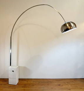 An Arco Style Marble Arc Floor Lamp: Achille Castiglioni Style Arco Floor Lamp. 82" H x 72" Overall Arc x 12" Dia. Shade Base 22" H x 10" D x 7" W.