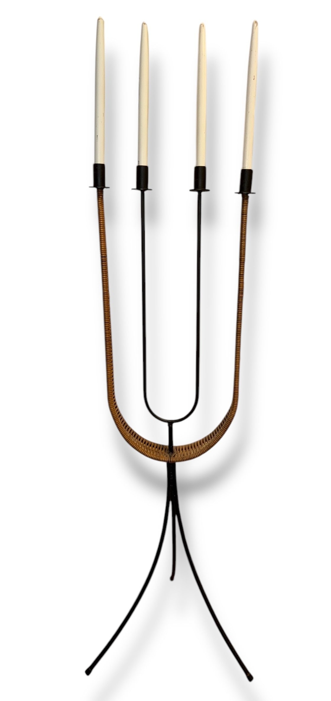 Rare, ARTHUR UMANOFF for RAYMOR Candelabra: Raymor Italy, circa 1950's. Wrought iron and wicker/rattan. 48.5" H x 17" W X 15" D. Wood candlesticks add an extra 10.25" to overall height.