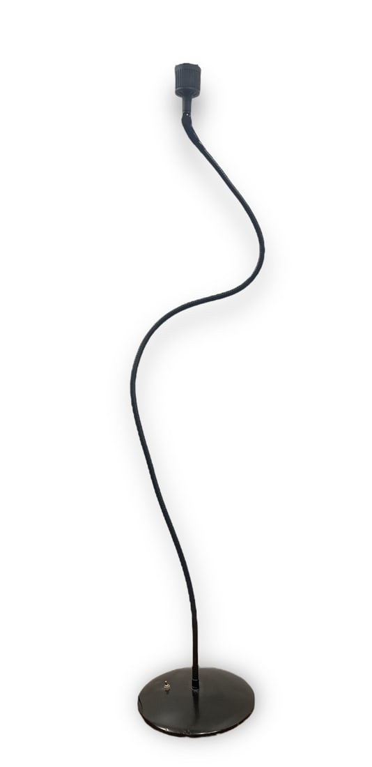 A Modernist Gooseneck Floor Lamp: Measures up to 67.25" H, fully adjustable, 11" DIA at base.