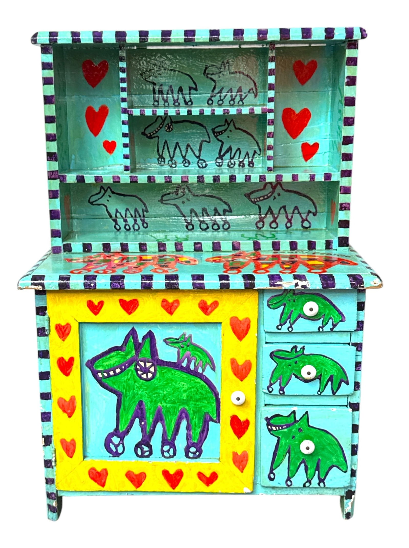 Rare, DENNIS PEARSON Beastie Folk Art Dresser: Signed and dated, 1988. Children's size. 33.5" H x 23.25" W x 13" D.