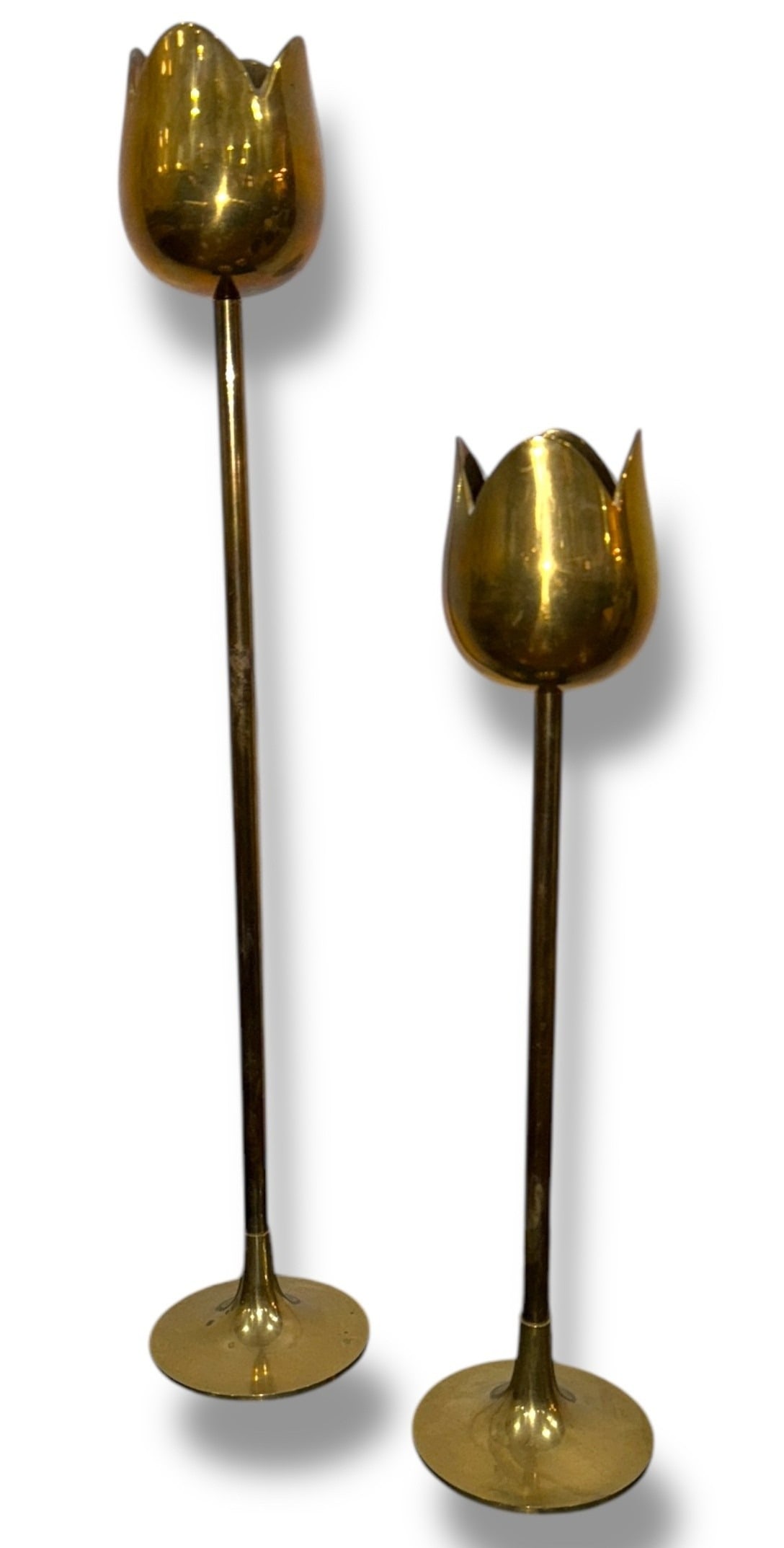Mid Century Brass Tulip Candle Holders: Solid brass 23.25" H & 17.25" H each 4.25" Dia. base
