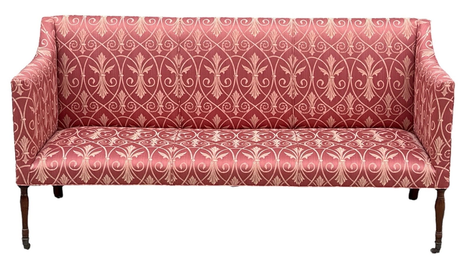 A Federal Mahogany Sofa, in the style of Michael Allison, NY: In the style / manner of Michael Allison, NY. Upholstered fabric & Mahogany. 36" H to back x 16" H to seat x 72" W x 25" D.
