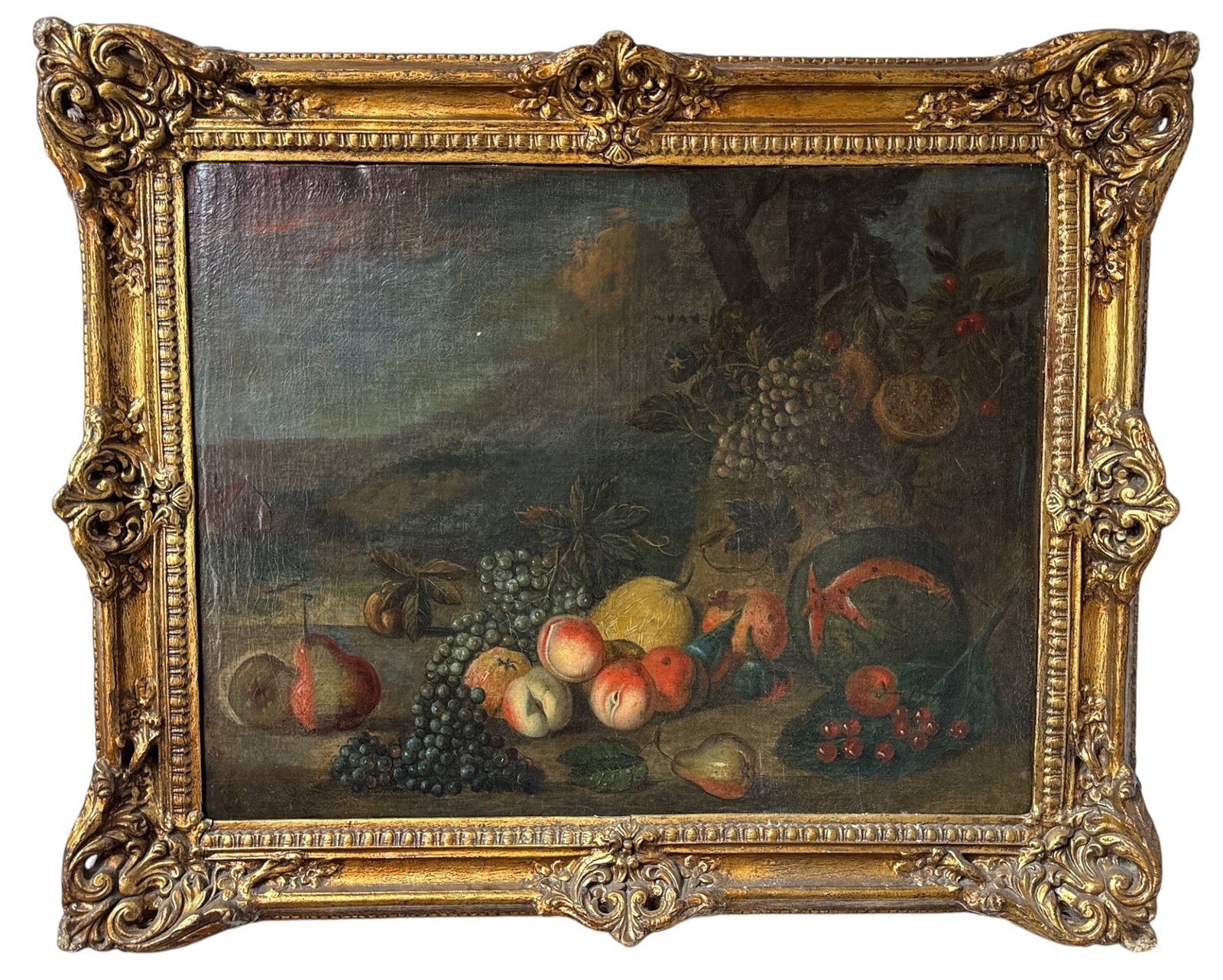 Large Oil on Canvas Still Life Painting in Gold Gilt Frame: Measures 37" x 45" x 4". Features a substantial gold gilt frame. Local pickup or carrier delivery required due to size and fragility of frame.