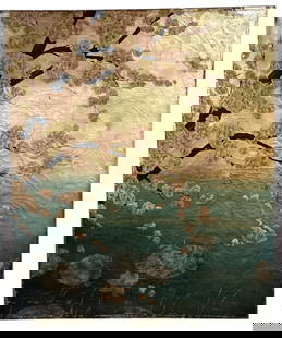 A Japanese Cherry Blossom Mixed Media on Canvas: The canvas appears to be imprinted from the back, then a thin layer of a foil-like like substance was added over the front of the canvas to add a metallic undertone. 48" x 40" x 1.5".
