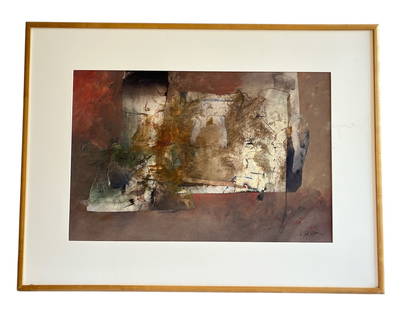 A Large Mid Century Abstract Mixed Media, W. SCOTT WILSON: Measures 30" x 40" x 2" in frame, sight measures 19" x 29". Signed W. Scott Wilson in the lower right corner. Appears to be charcoal, acrylic, and oil on board.