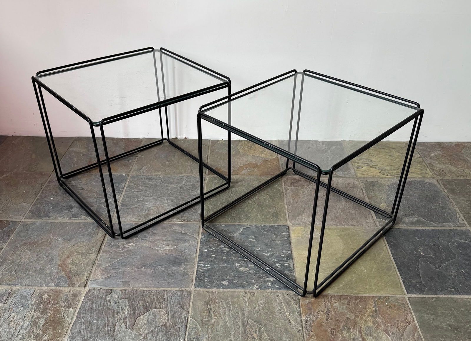 MAX SAUZE "Isocele" Table, Pair: Atrow, France. Circa 1970s. Enameled steel & glass. 17.5" H x 20" W x 19" D.