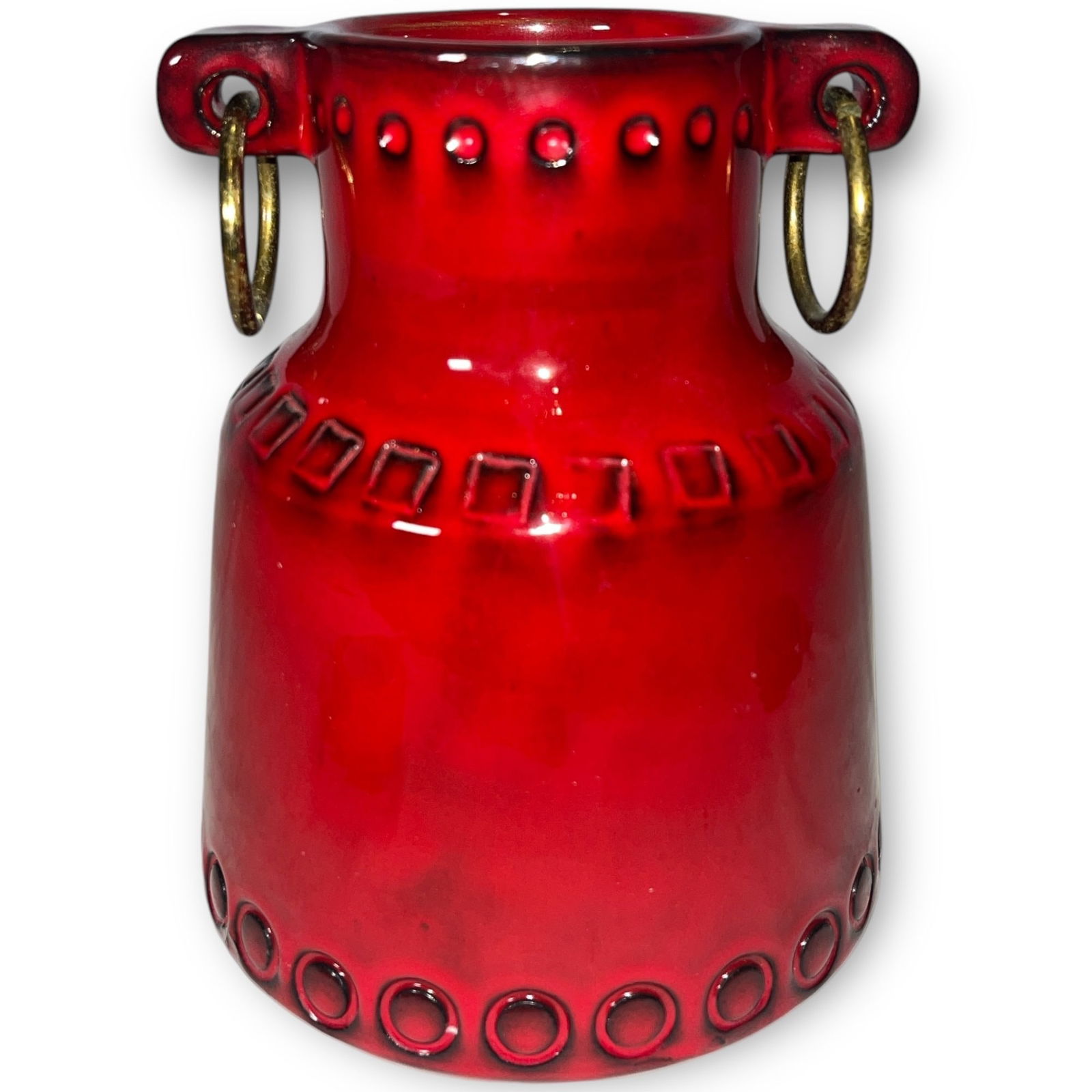 An ALVINO BAGNI For RAYMOR Handled Vase: Measures 7.5" H x 6" DIA at base, 3" DIA at the top. Stamped Italy and signed Raymor on the bottom.