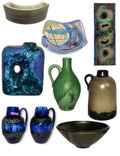 A Collection of Mid Century Italian and German Ceramics, BAGNI: The Alvino Bagni ashtray measures 2" H x 4.5" x 4.5". The plaque measures 11.25" x 4.25". The Scheurich fat lava pitchers both measure 6.25" H x 4" overall DIA. The green pitcher dated 1981 measures 8