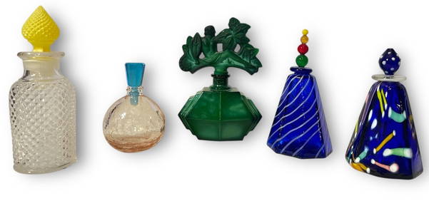 Five Art Deco to Post Modern Art Glass Perfume Bottles: Art Deco Malachite perfume bottle is largest and measures 5.5" H x 4" W x 3"D.