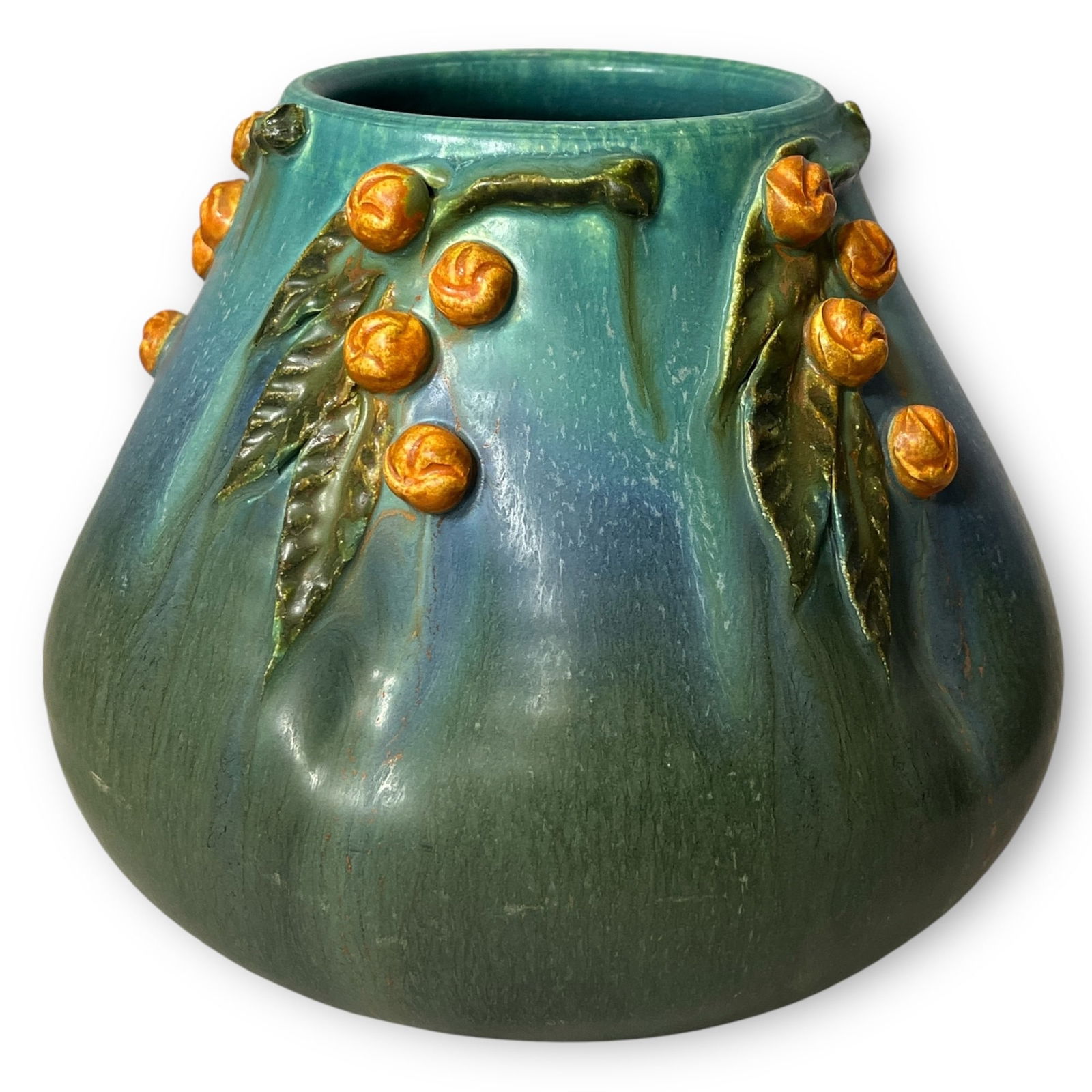 An EPHRAIM FAIENCE "Bittersweet 2nd" Vase by LAURA KLEIN: Measures 6" H x 8" overall DIA . Signed Laura Klein and stamped on the bottom.