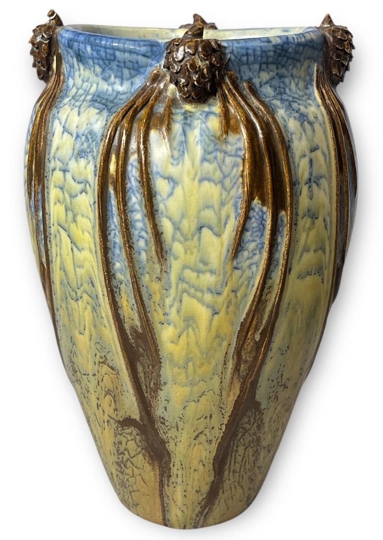 An EPHRAIM FAIENCE "Pine Quartet" Vase: Measures 8.25" H x 5.5" W x 4.5" D. Stamped on the bottom.