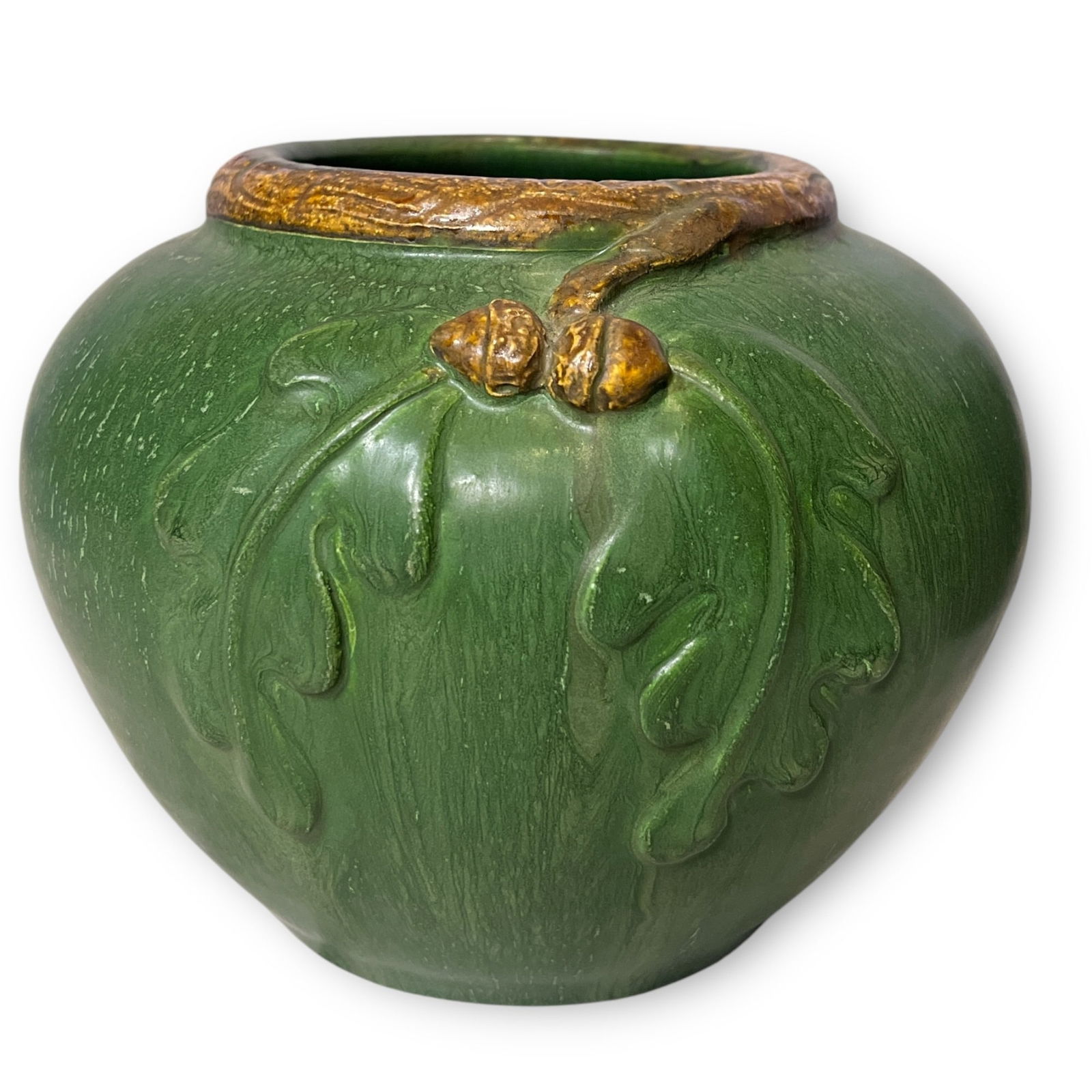 An EPHRAIM FAIENCE "Valley Oak" Vase by LAURA KLEIN: Measures 5.5" H x 7" overall DIA . Signed Laura Klein and stamped on the bottom.