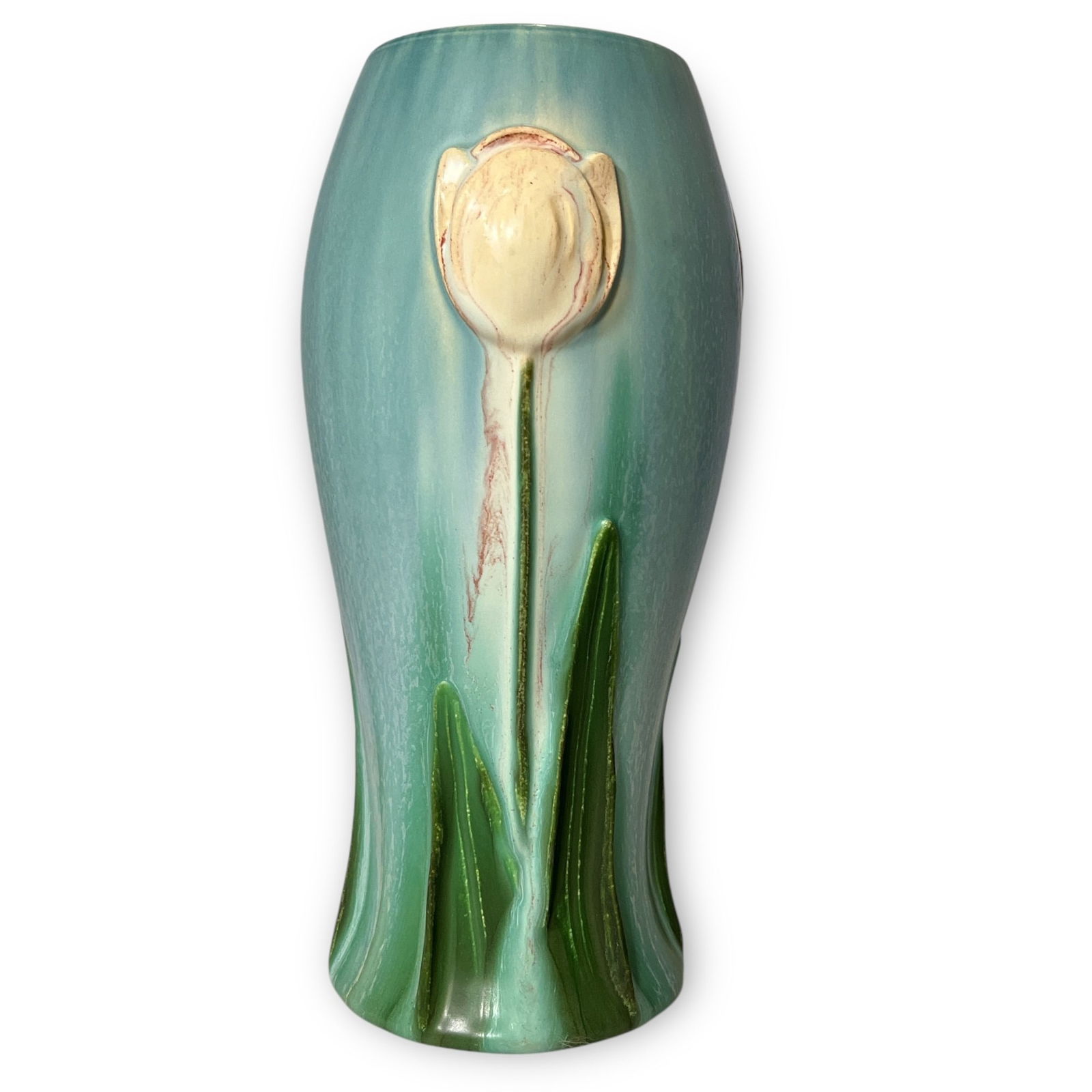 An EPHRAIM FAIENCE White Tulip Vase by KEN NICHOLS: Measures 9.25" H x 4" overall DIA. Signed Ken Nichols and stamped on the bottom.