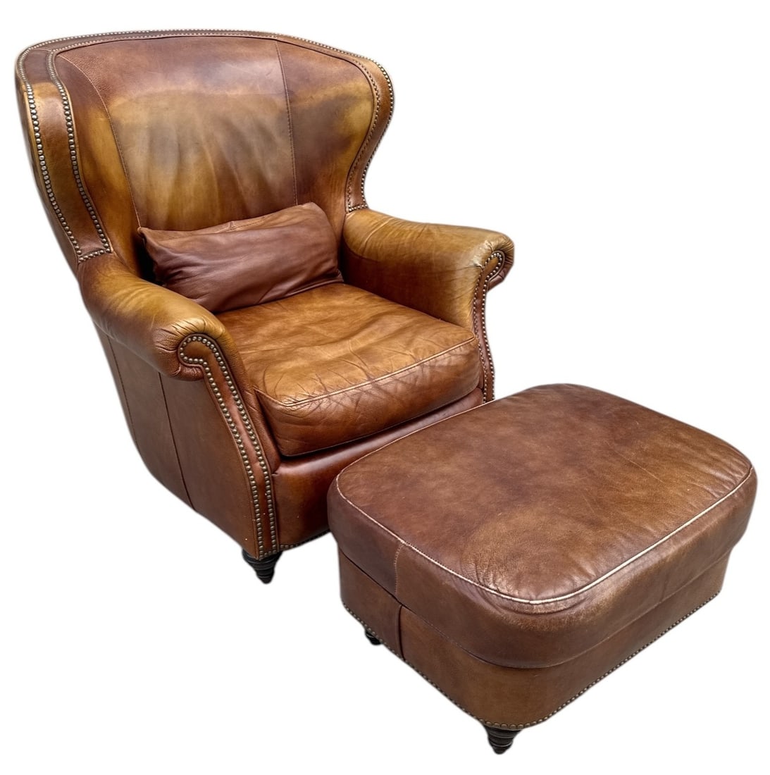 Vintage Leather & Nailhead Trim Armchair and Ottoman: Chair measures 42" H to back x 19" H to seat x 37.5" W x 42" D Ottoman 16" H x 28" W x 22" D
