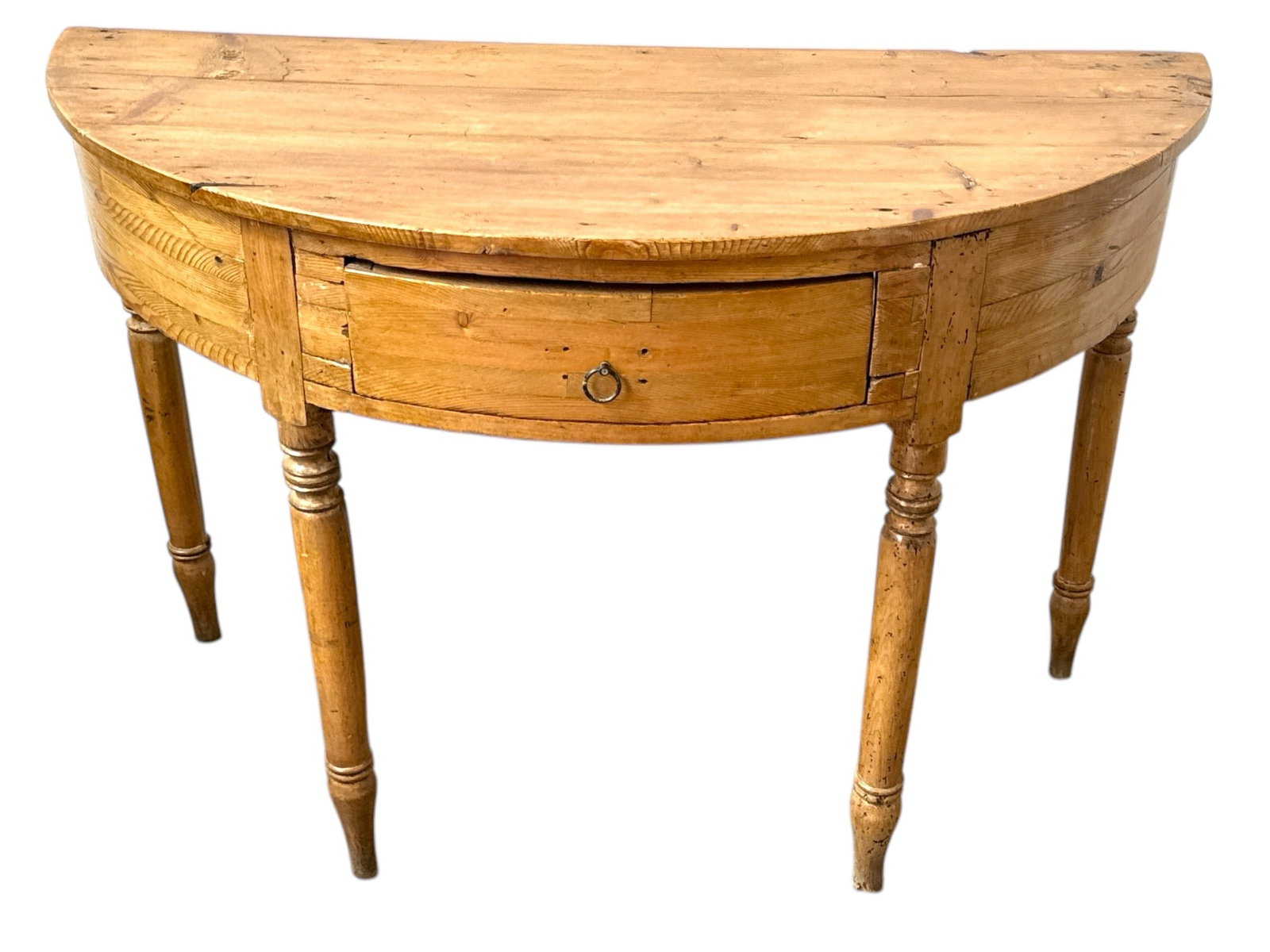 A Swedish Pine Demilune Console Table: Measures 30" H x 47" W x 22.5" D.