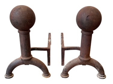 Large Cast Iron Cannon Ball Andirons, Pair