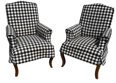 Black and White Gingham Plaid Armchairs, Pair