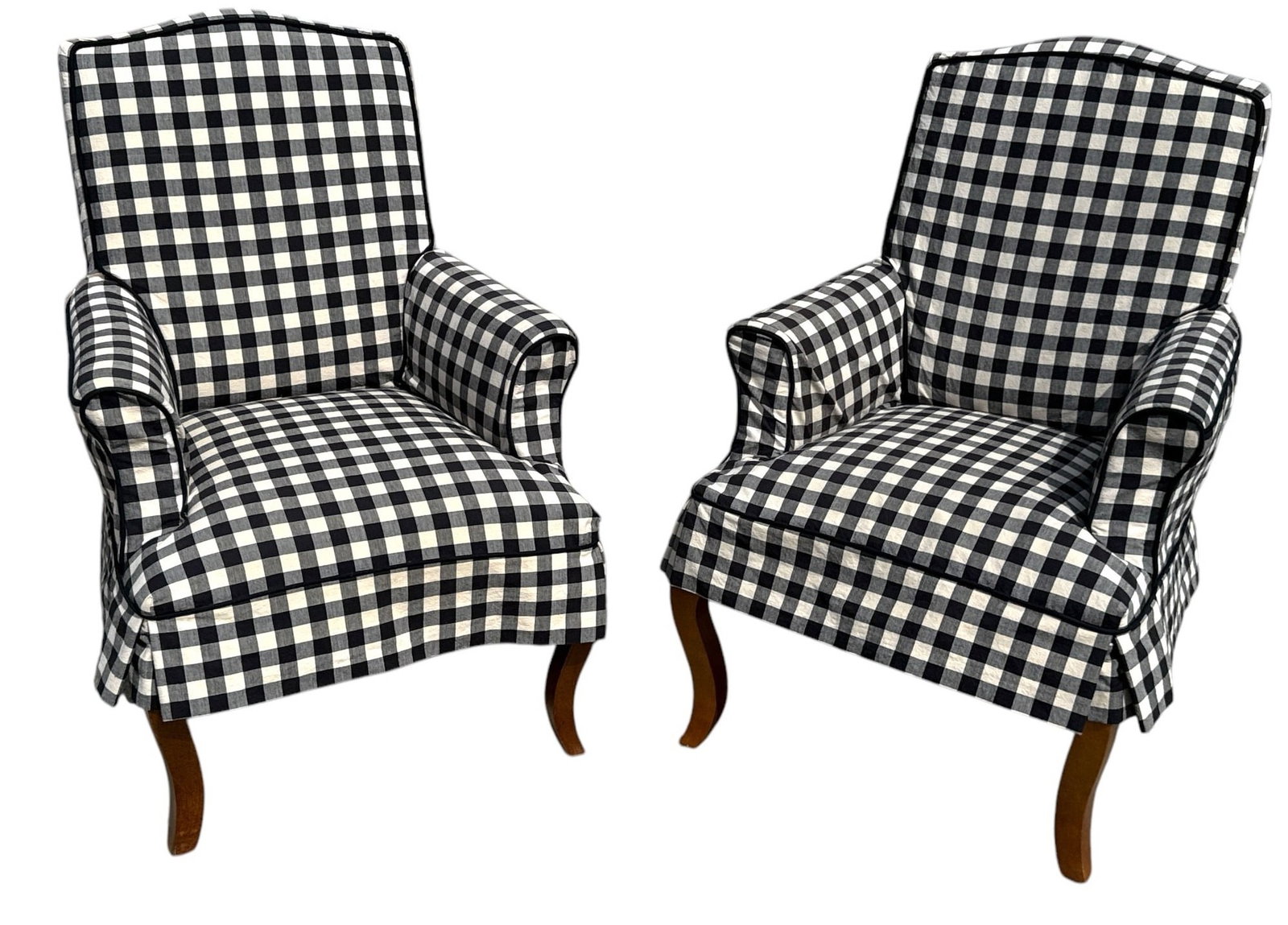 Black and White Gingham Plaid Armchairs, Pair: 41" H to the back, 20" H to the seat x 30" W x 26" D. Both are slip covered and the original fabric is a red plaid- see photos.