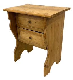 A Small Primitive European Pine Two Drawer Sewing Table