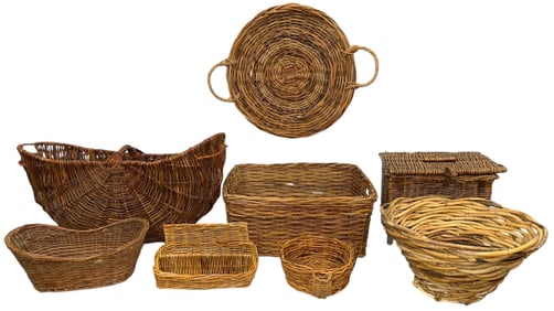 Large Collection of Vintage Hand Woven Baskets, Tray, etc.