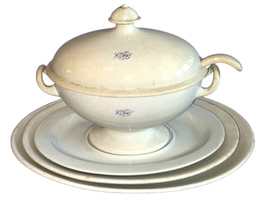 Collection Four White Ironstone Serving Trays and Soup Tureen