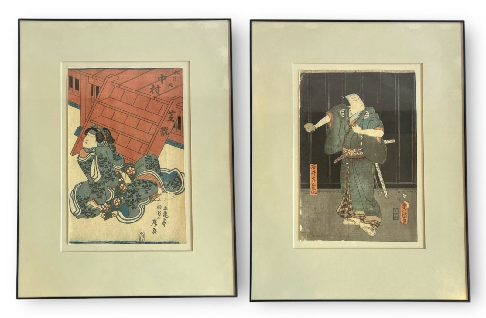 Two Japanese Woodblock Prints: Both measure approx. 23.75" x 17.75". Artists unknown.