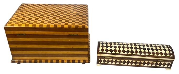 Two Inlaid Wood Checker Print Jewelry Boxes