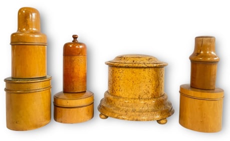An Assortment of Burlwood, Treenware Wood Bottles and Boxes