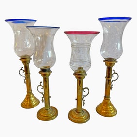 Four Antique Russian Brass Etched Glass Candlesticks