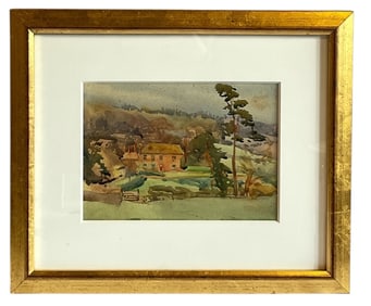 Framed Watercolor on Paper of Sheep Grazing
